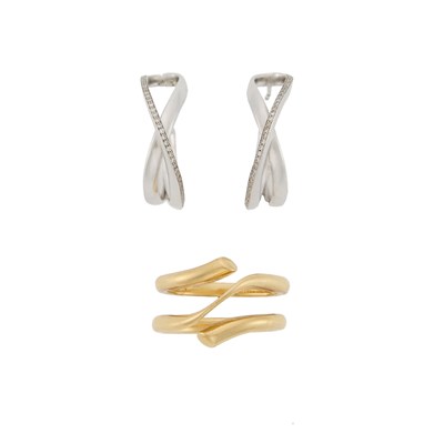 Lot 1020 - Georg Jensen 'Magic' Ring and Pair of Silver and Diamond Hoop Earrings