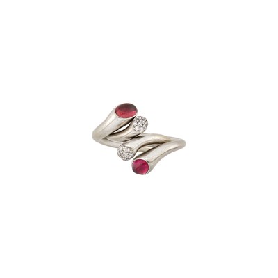 Lot 34 - Georg Jenson Pair of White Gold, Diamond and Cabochon Pink Tourmaline 'Carnival' Rings