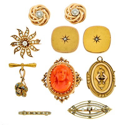 Lot 1227 - Group of Gold, Gilt-Metal, Diamond, Split Pearl and Carved Coral Jewelry