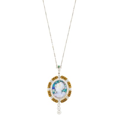 Lot 185 - Antique Gold, Platinum, Boulder Opal Cameo, Opal Mosaic, Diamond and Emerald Pendant-Necklace