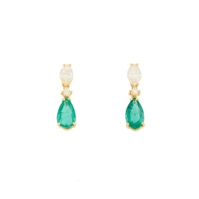 Lot 1198 - Pair of Gold, Emerald and Diamond Earrings