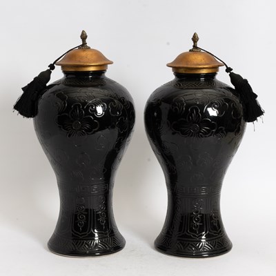 Lot 45 - Pair of Black Glazed Ceramic Floor Urns