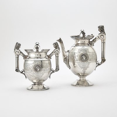 Lot 1100 - American Silver "Medallion" Pattern Coffee Pot and Covered Sugar Bowl