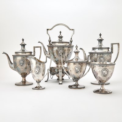 Lot 1098 - American Sterling Silver "Medallion" Pattern Tea and Coffee Service