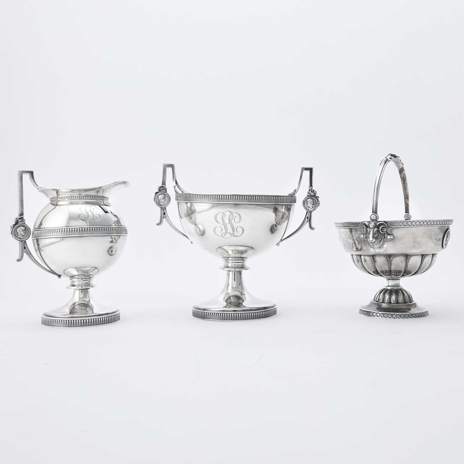 Lot 122 - Gorham Sterling Silver "Medallion" Pattern Cream and Sugar Set and an Additional Sugar Basket