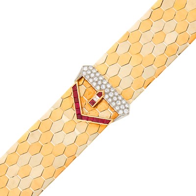Lot 27 - Tricolor Gold, Platinum, Ruby and Diamond Buckle Bracelet, France