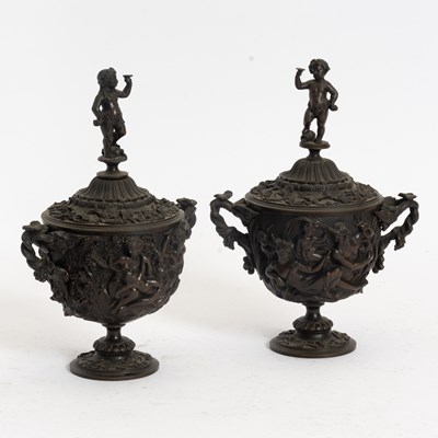 Lot 142 - Pair of Bronze Figural Urns