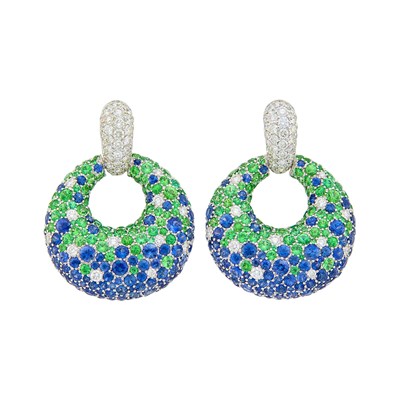 Lot 86 - Pair of White Gold, Tsavorite Garnet, Sapphire and Diamond Door Knocker Earrings