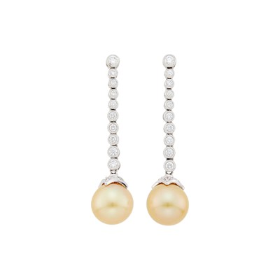 Lot 1144 - Pair of White Gold, Golden Cultured Pearl and Diamond Pendant-Earrings