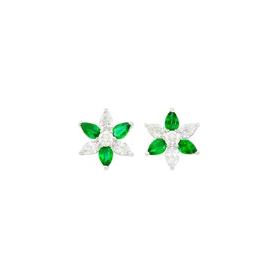 Lot 48 - Pair of Platinum, White Gold, Diamond and Emerald Flower Earrings