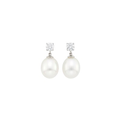 Lot 39 - Pair of Platinum, White Gold, South Sea Cultured Pearl and Diamond Pendant-Earrings
