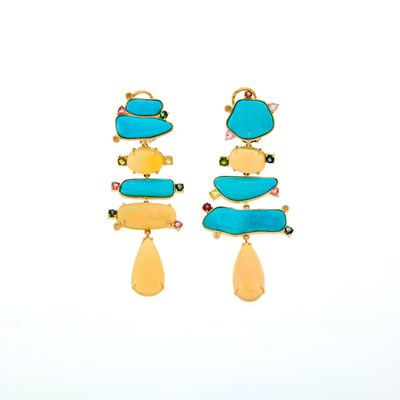 Lot 1171 - Pair of Gold, Turquoise, Opal and Colored Stone Pendant-Earrings