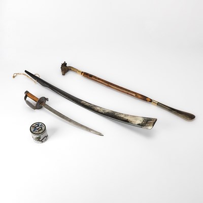 Lot 232 - Small Cloissoné Enameled Metal Box Together with a Wood-Handled Steel Dagger and Two Long Shoehorns