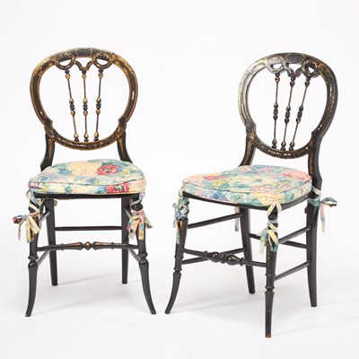 Lot 231 - Pair of Victorian Gilt and Black Japanned Mother of Pearl Inlaid Side Chairs