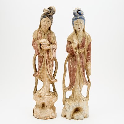 Lot 227 - Pair of Chinese Polychrome Carved Wood Figures of Guanyin