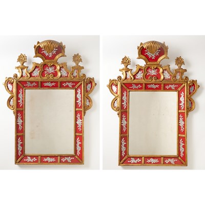 Lot 224 - Pair of Venetian Reverse-Painted Glass and Carved Giltwood Mirrors