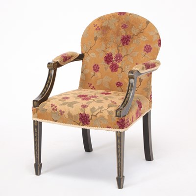 Lot 217 - George III Style Painted and Ebonized Needlepoint Upholstered Armchair