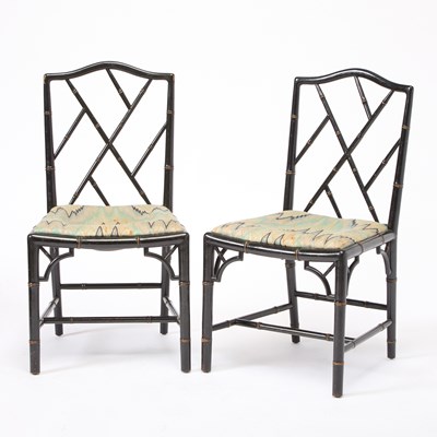 Lot 216 - Pair of George III Style Parcel-Gilt and Ebonized Faux Bamboo Side Chairs