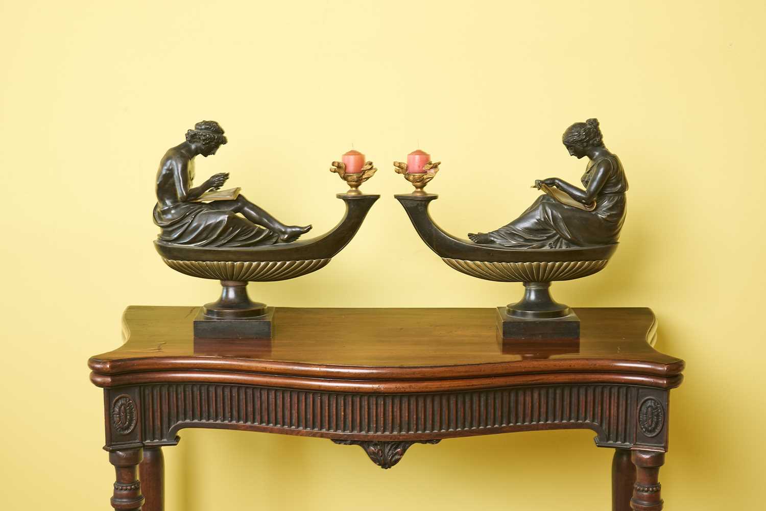 Lot Pair of Empire Style Gilt and Patinated Bronze Figural Oil Lamps