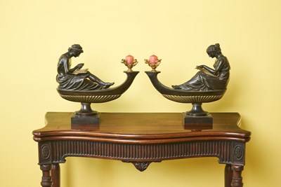 Lot Pair of Empire Style Gilt and Patinated Bronze Figural Oil Lamps