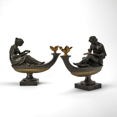 Lot Pair of Louis XVI Style Gilt and Patinated Bronze Figural Oil Lamps
