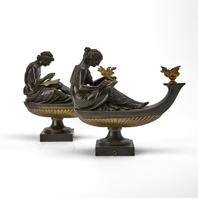 Lot Pair of Louis XVI Style Gilt and Patinated Bronze Figural Oil Lamps
