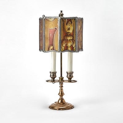 Lot 250 - Smalll Two-Light Copper Bouillotte Lamp with Stained Glass Lamp Shade