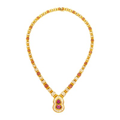 Lot 1212 - Gold, Ruby and Diamond Pendant-Necklace