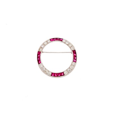 Lot 2105 - White Gold, Synthetic Ruby and Diamond Circle Brooch