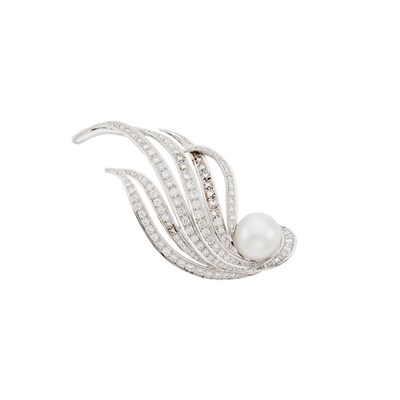 Lot 2155 - White Gold, South Sea Cultured Pearl and Diamond Brooch
