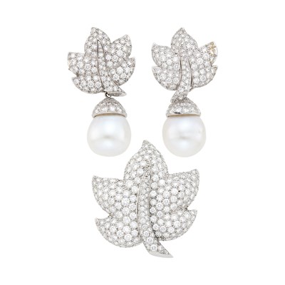 Lot Jean Vitau Pair of Platinum, South Sea Cultured Pearl and Diamond Leaf Clip-Brooch and Pair of Pendant-Earrings