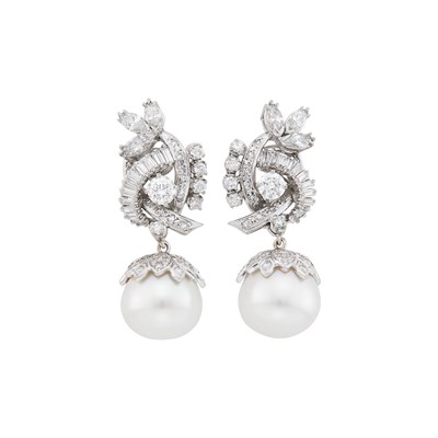 Lot 1090 - Pair of Platinum, Diamond and South Sea Cultured Pearl Pendant-Earrings