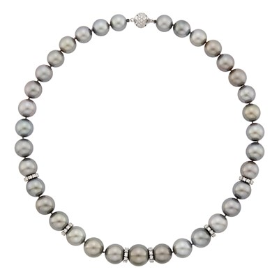 Lot 1098 - Tahitian Gray Cultured Pearl, White Gold and Diamond Necklace