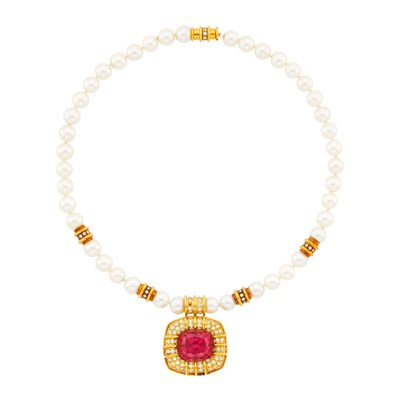 Lot 1035 - Gold, Cultured Pearl, Pink Tourmaline and Diamond Pendant-Necklace