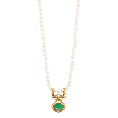 Lot 1228 - Long Cultured Pearl Necklace with Gold, Cabochon Emerald and Diamond Enhancer Pendant