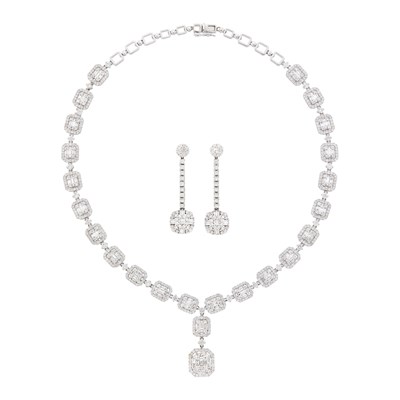 Lot 1164 - White Gold and Diamond Pendant-Necklace and Pair of Pendant-Earrings