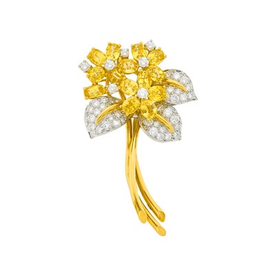 Lot 58 - Oscar Heyman & Brothers Gold, Platinum, Yellow Sapphire and Diamond Flower Brooch