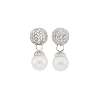 Lot 1111 - Pair of White Gold and Diamond Dome Earrings with Detachable White Gold, South Sea Cultured Pearl and Diamond Pendants