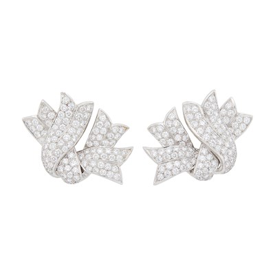 Lot 1097 - Pair of Platinum and Diamond Ribbon Earrings