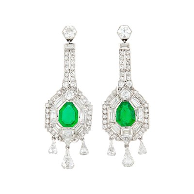 Lot Pair of Platinum, Emerald and Diamond Pendant-Earrings