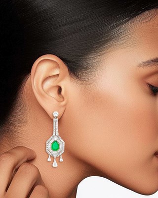 Lot 227 - Pair of Platinum, Emerald and Diamond Pendant-Earrings