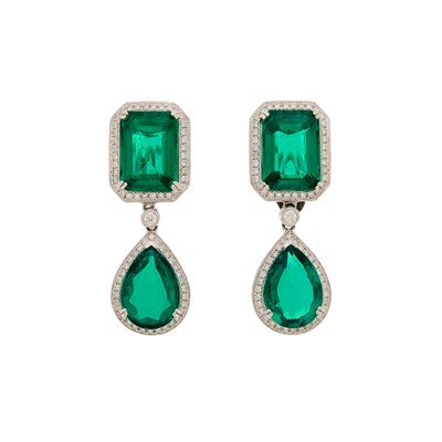 Lot 2152 - Pair of White Gold, Synthetic Emerald and Diamond Pendant-Earrings