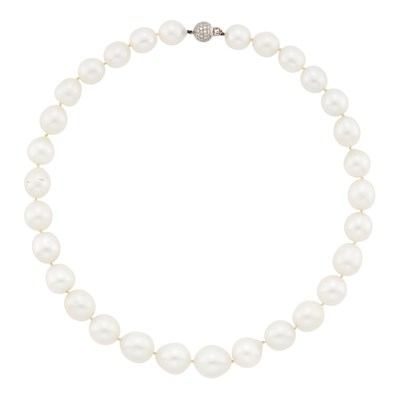 Lot 1092 - Semi-Baroque South Sea Cultured Pearl Necklace with White Gold and Diamond Ball Clasp