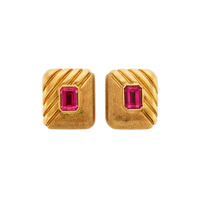 Lot 2034 - Pair of Gold and Pink Tourmaline Earrings