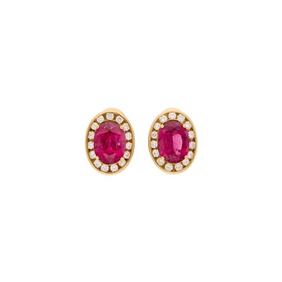 Lot 2091 - Pair of Gold, Pink Tourmaline and Diamond Earrings