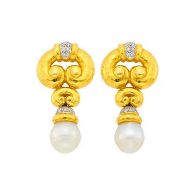 Lot 1183 - Pair of Hammered Gold, Semi-Baroque South Sea Cultured Pearl and Diamond Pendant-Earclips