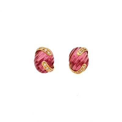 Lot 2076 - Pair of Gold, Carved Pink Tourmaline and Diamond Earrings