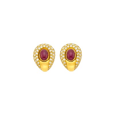 Lot 13 - Cartier Paris Pair of Gold, Cabochon Ruby and Diamond Earclips