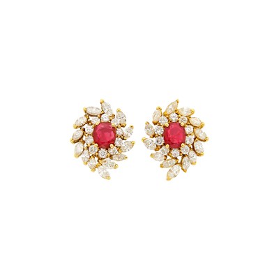 Lot 1211 - Pair of Gold, Ruby and Diamond Earclips