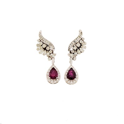Lot 2154 - Pair of White Gold, Ruby and Diamond Pendant-Earrings